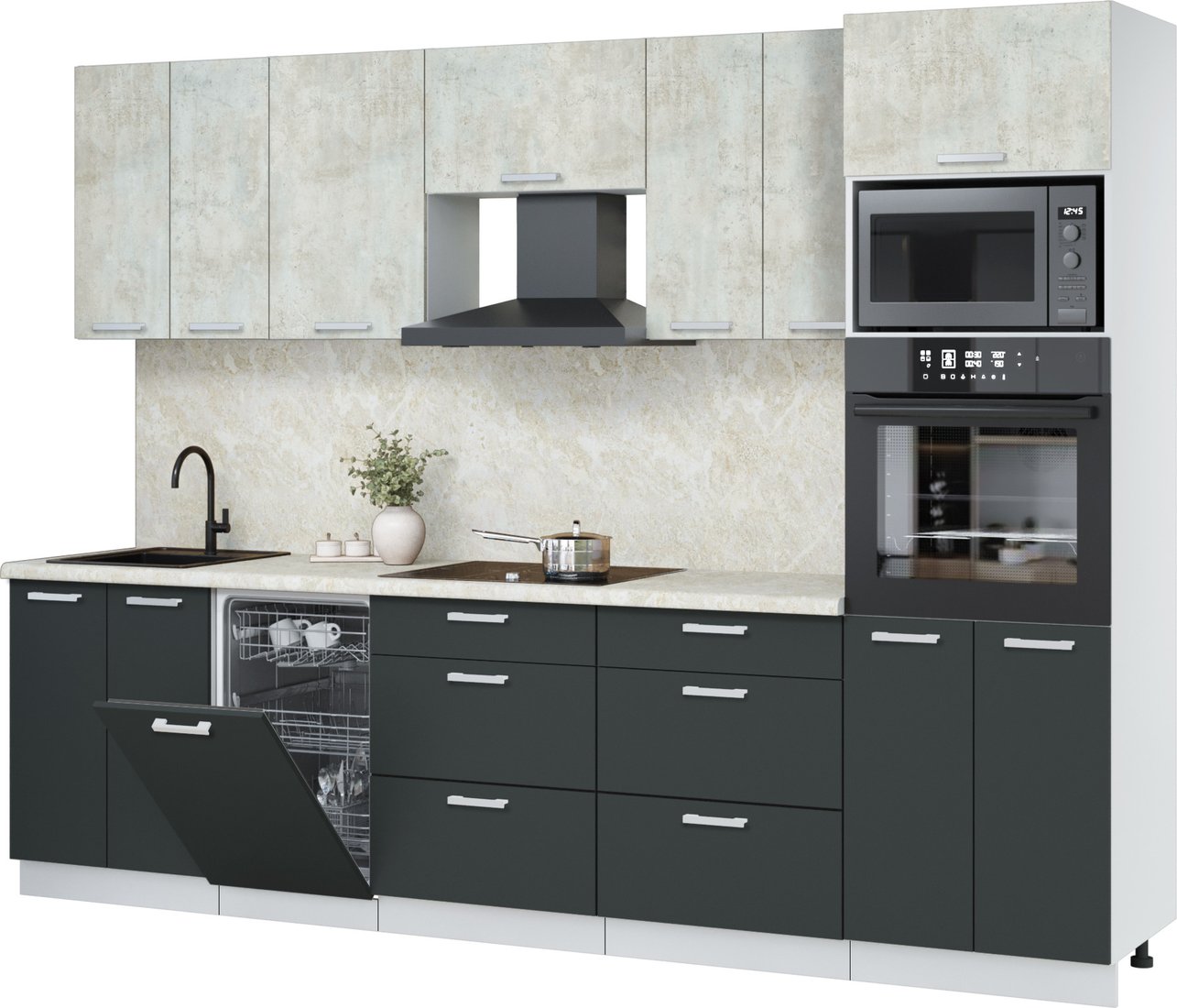 

Готовая кухня Интерлиния Мила Лайт 2.85-ПМ3 (бетон лайт/антрацит/опал светлый)