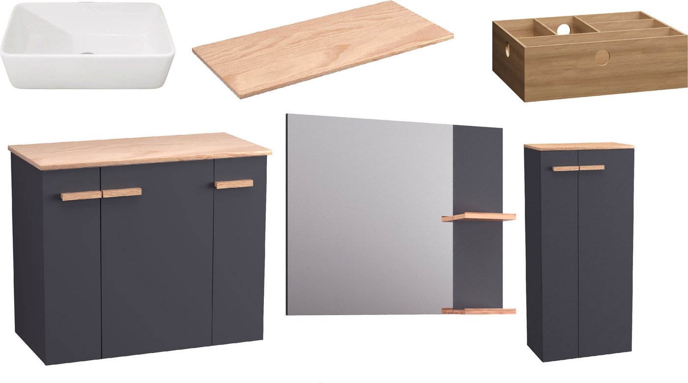 

Lauter Комплект мебели для ванной Adri тумба, столешница, раковина 21674A (органайзер 32 см, шкаф-пенал, зеркало, 79 см, антрацит)