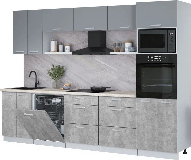 

Готовая кухня Интерлиния Мила Лайт 3.0-ПМ1 (серебро/бетон/травертин серый)