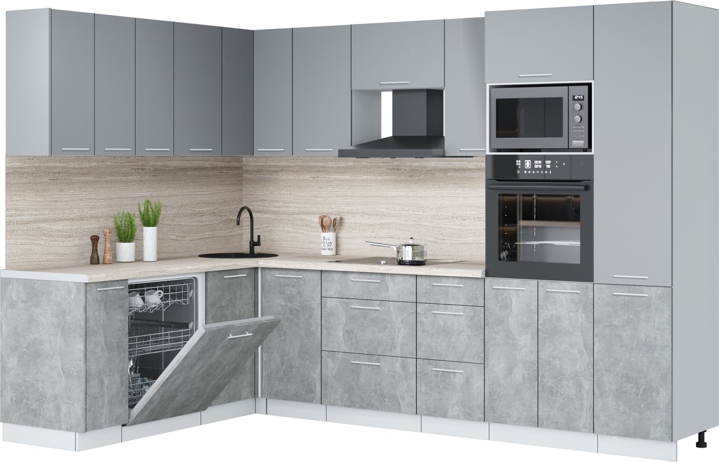 

Готовая кухня Интерлиния Мила Лайт 1.896х2.98 (серебро/бетон/травертин серый)