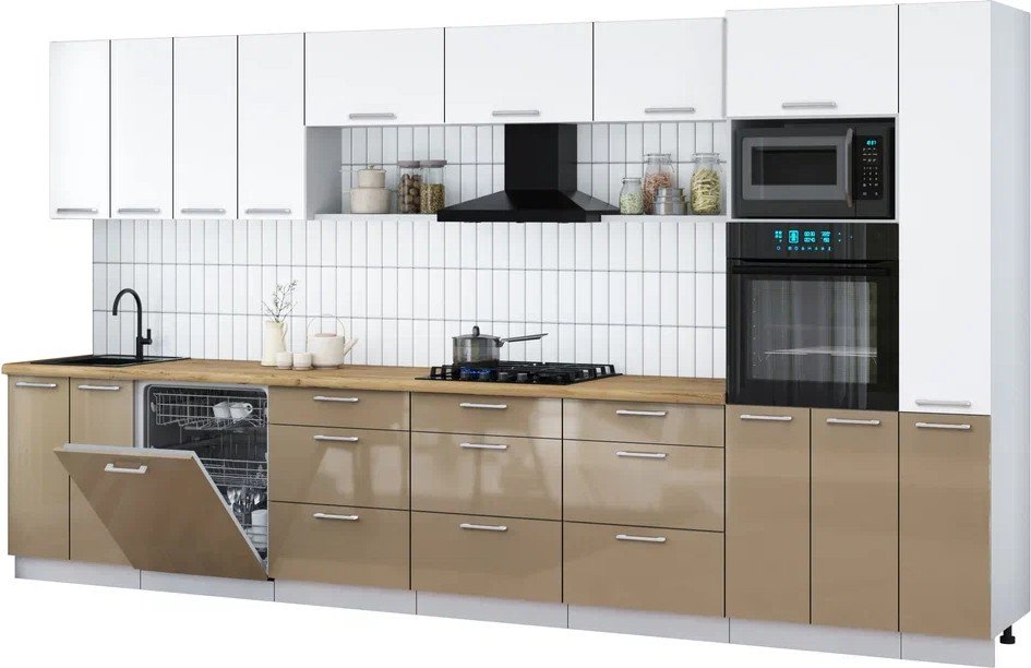 

Готовая кухня Интерлиния Мила Gloss 3.9-ПМ1 (капучино глянец/белый/дуб бунратти)