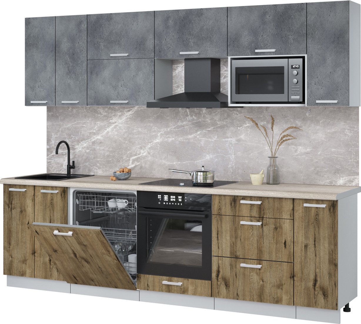 

Готовая кухня Интерлиния Мила Лайт 2.7-ПМ2 (бетон портленд/дуб веллингтон/травертин серый)