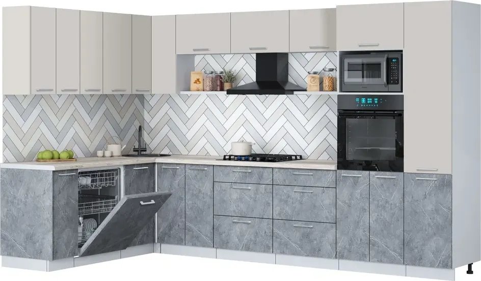 

Готовая кухня Интерлиния Мила Gloss 1.896х3.38 (керамика/кашемир/травертин серый)