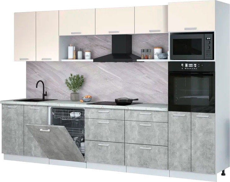 

Готовая кухня Интерлиния Мила Лайт 3.2-ПМ1 (персидский жемчуг/бетон/серый каспий)