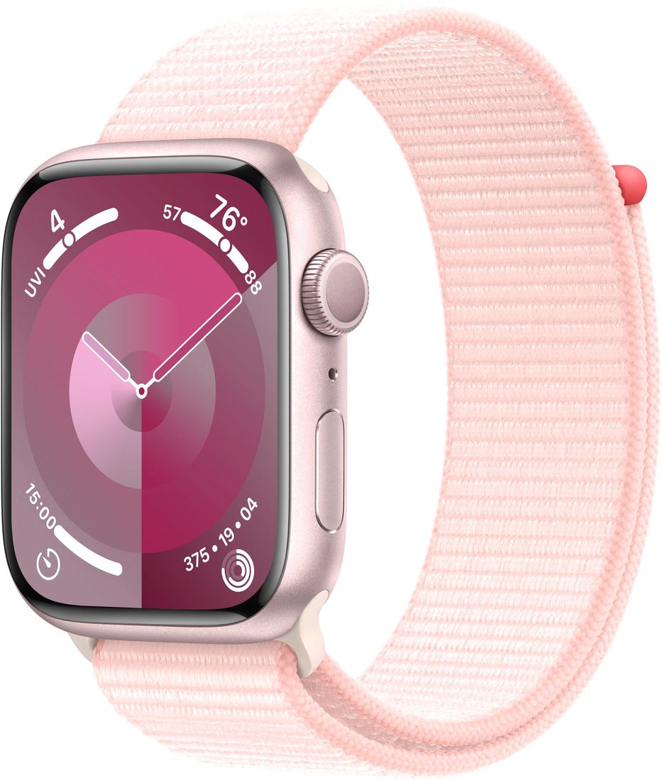 

Умные часы Apple Watch Series 9 45 мм (алюминиевый корпус, розовый/розовый, нейлоновый ремешок)