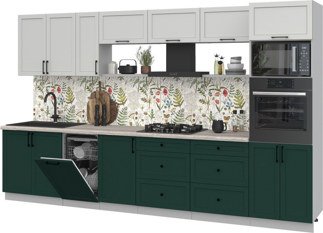 Готовая кухня Интерлиния Тренд 3.5-ПМ3 (изумруд/грей/травертин серый)