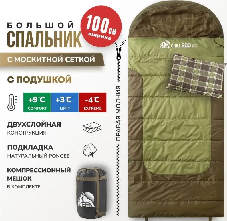 

Спальный мешок RSP Outdoors Chill 200 BIG R (225x100см, молния справа)