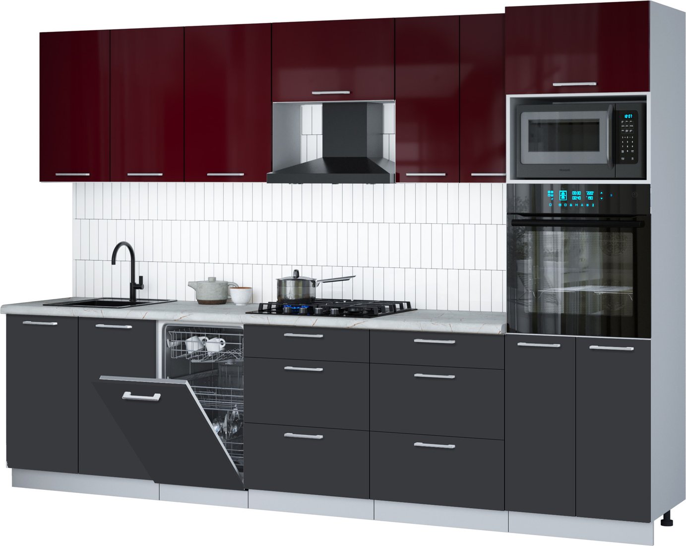 

Готовая кухня Интерлиния Мила Gloss 3.05-ПМ3 (пепел/бордовый глянец/серый каспий)