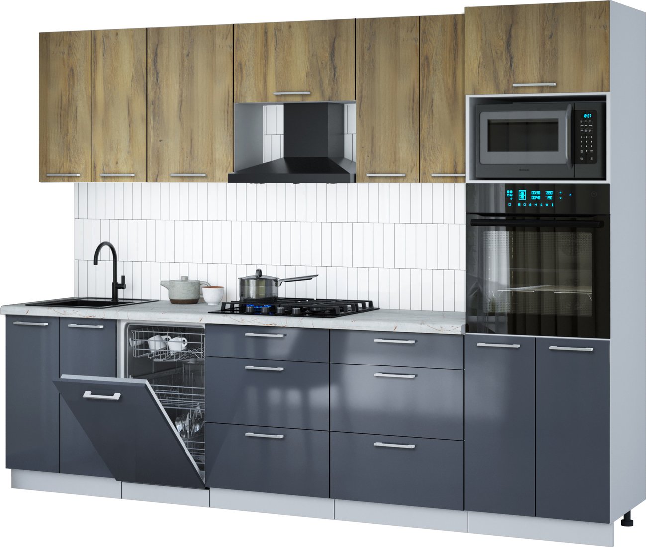 

Готовая кухня Интерлиния Мила Gloss 2.85-ПМ3 (асфальт глянец/дуб вотан/серый каспий)