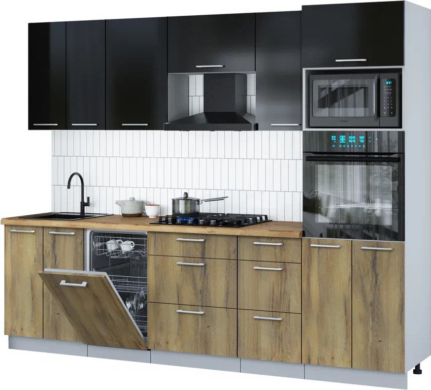 

Готовая кухня Интерлиния Мила Gloss 2.65-ПМ3 (дуб вотан/черный глянец/дуб бунратти)