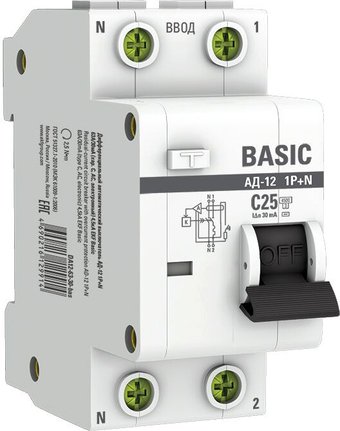 Дифференциальный автомат EKF Basic АД-12 1P+N 25А 30мА АС C DA12-25-30-bas