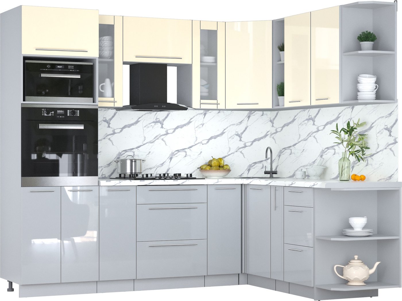 

Готовая кухня Интерлиния Мила Пластик 1.88x2.4 PR (ваниль/туманный глянец/белый гранит)