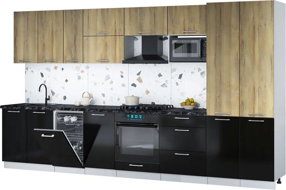 

Готовая кухня Интерлиния Мила Gloss 3.7-ПМ4 (черный глянец/дуб вотан/кастилло темный)