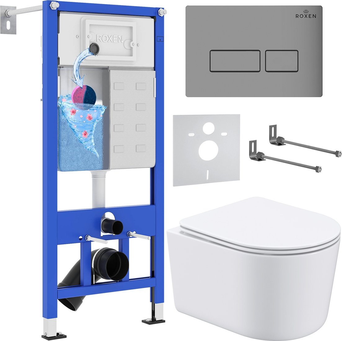 

Унитаз подвесной Roxen Simple Compact в комплекте с инсталляцией StounFix Dual Fresh 6 в 1 943570 (кнопка: хром матовый)