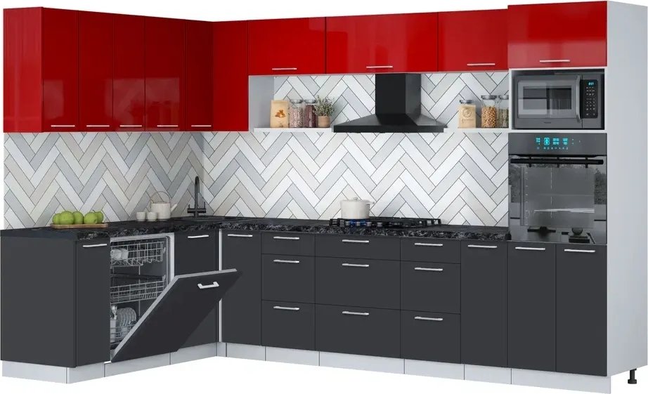 

Готовая кухня Интерлиния Мила Gloss 1.896х3.18 (пепел/красный глянец/кастилло темный)