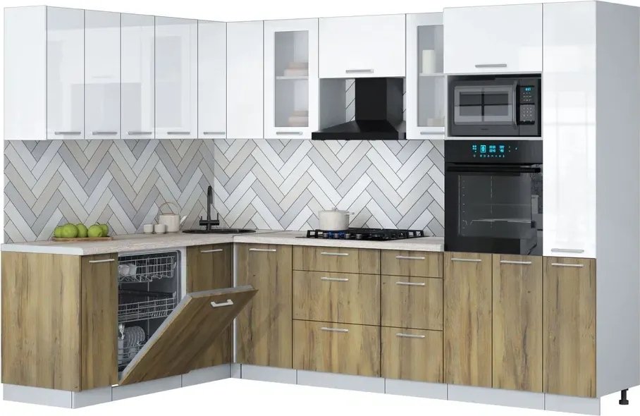 

Готовая кухня Интерлиния Мила Gloss 1.896х2.88 (дуб вотан/белый глянец/травертин серый)