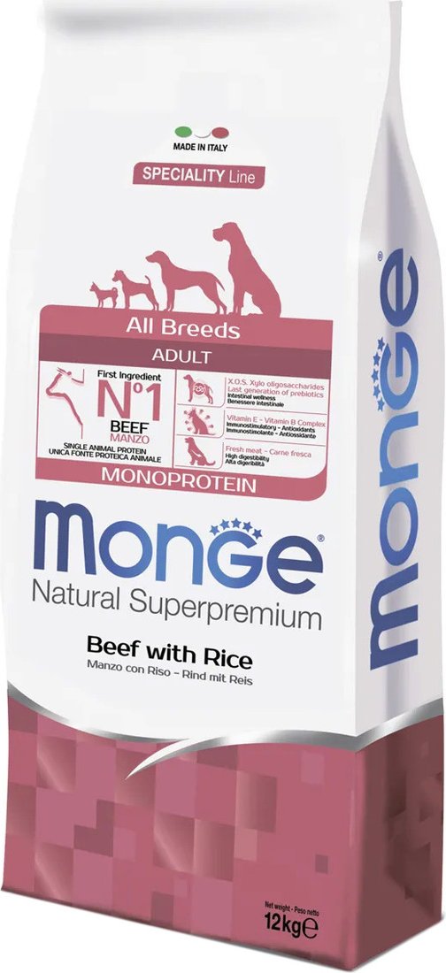 

Сухой корм для собак Monge All Breeds Adult Monoprotein Beed with Rice для всех пород с говядиной и рисом (12 кг)