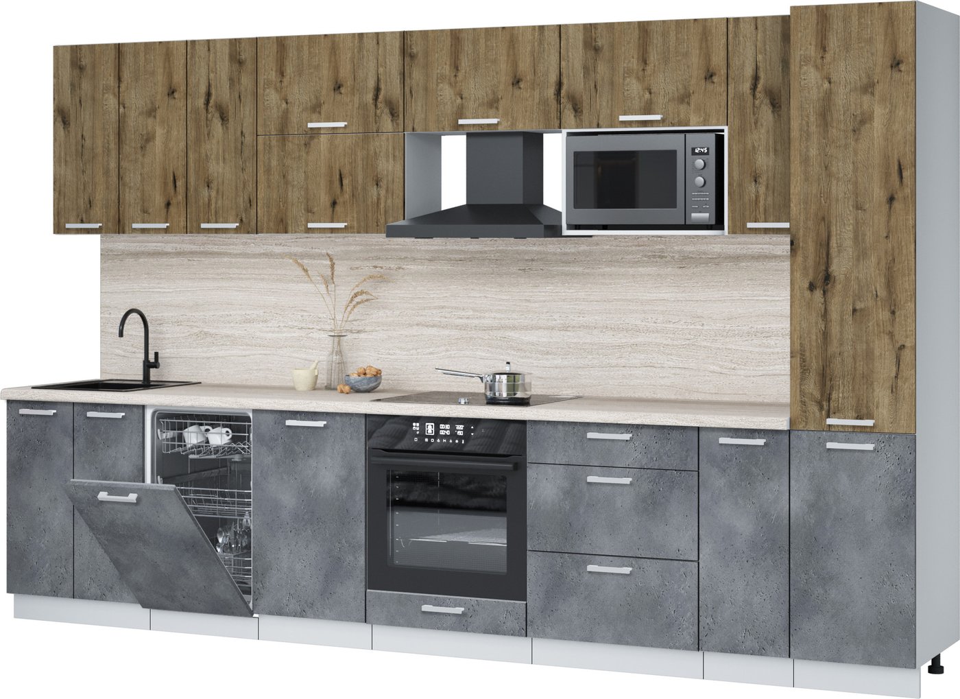 

Готовая кухня Интерлиния Мила Лайт 3.4-ПМ4 (дуб веллингтон/бетон портленд/травертин серый)