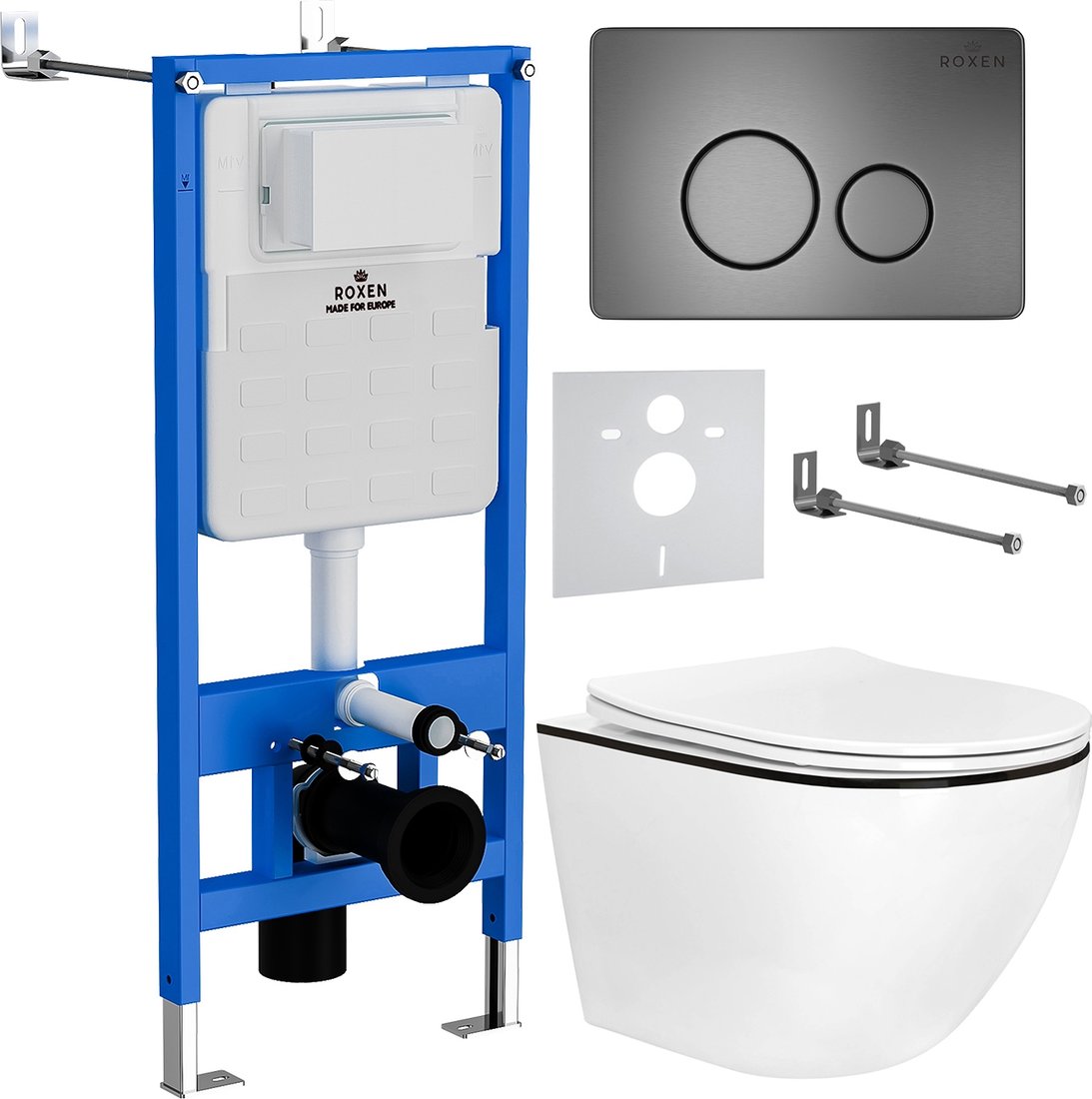 

Унитаз подвесной Roxen Antares Black в комплекте с инсталляцией StounFix Dual Fresh 6 в 1 964894 (кнопка: оружейная сталь)