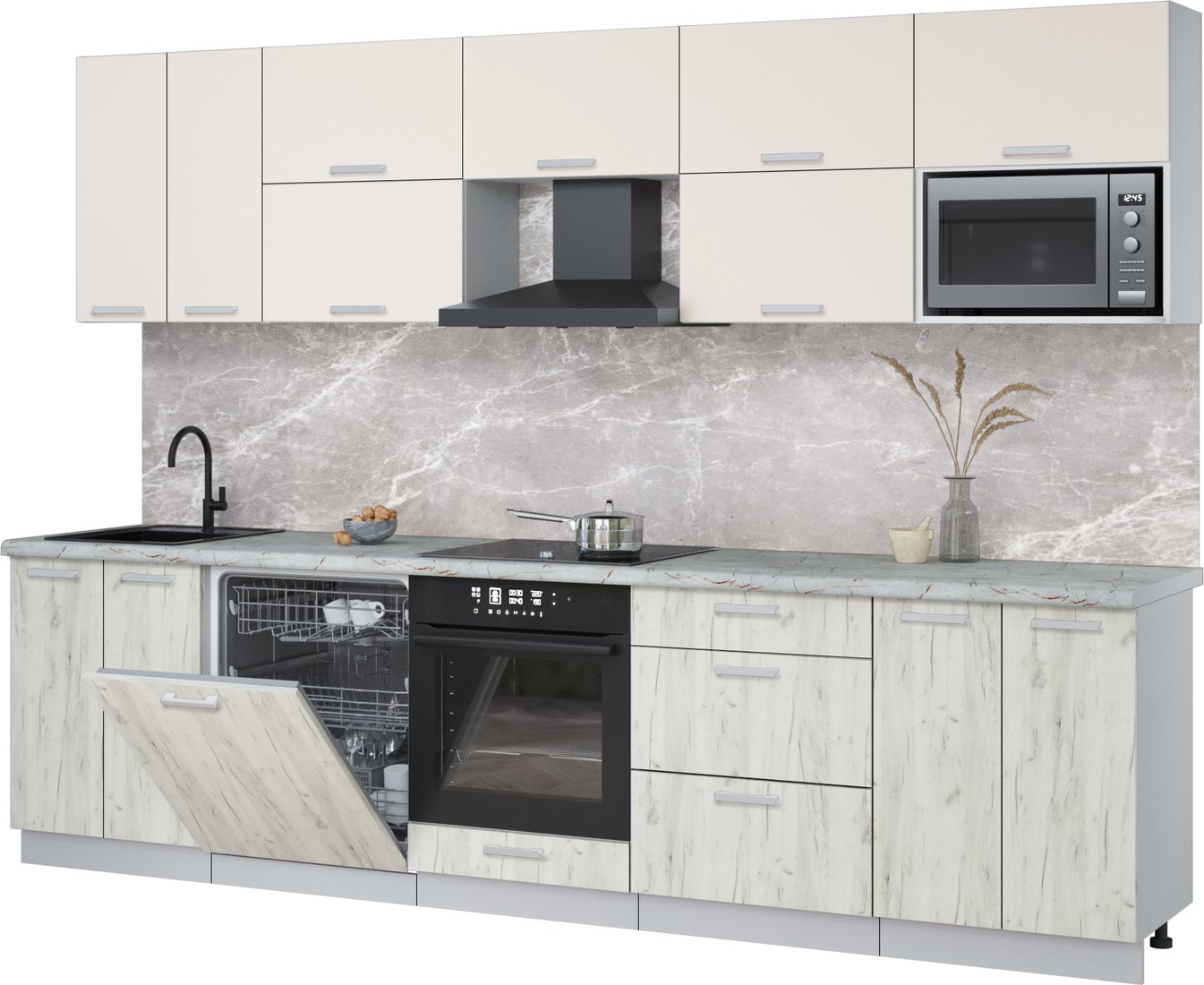 

Готовая кухня Интерлиния Мила Лайт 3.0-ПМ2 (персидский жемчуг/дуб белый/серый каспий)