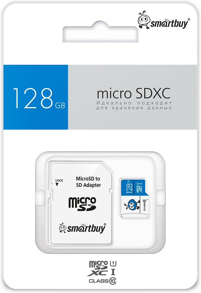

Карта памяти SmartBuy microSDXC SB128GMSDU1BLUE01 128GB (с адаптером)