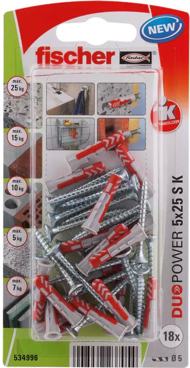 

Дюбель-гвоздь Fischer DuoPower 5 x 25 S K NV 534996 (18 шт)