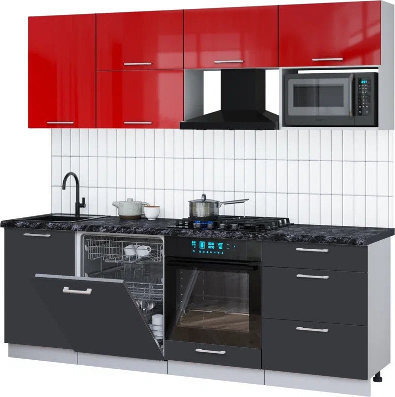 

Готовая кухня Интерлиния Мила Gloss 2.3-ПМ2 (пепел/красный глянец/кастилло темный)