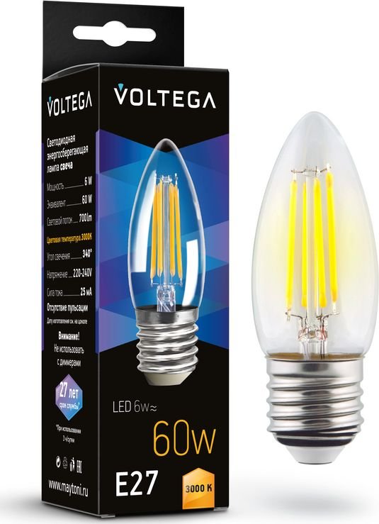 

Светодиодная лампочка Voltega Crystal Candle 6W 3000K E27