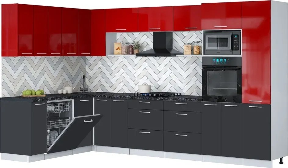 

Готовая кухня Интерлиния Мила Gloss 1.896х3.38 (пепел/красный глянец/кастилло темный)