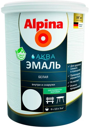 Эмаль Alpina Аква 0.9 л (шелковисто-матовый белый)