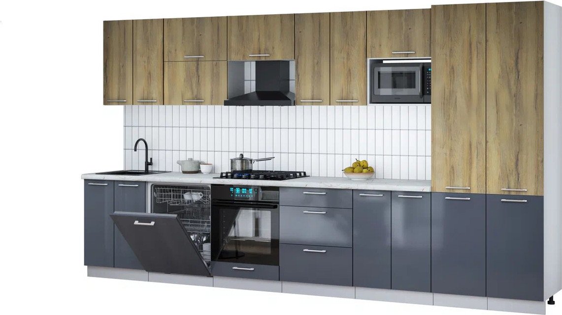 

Готовая кухня Интерлиния Мила Gloss 3.8-ПМ2 (асфальт глянец/дуб вотан/серый каспий)