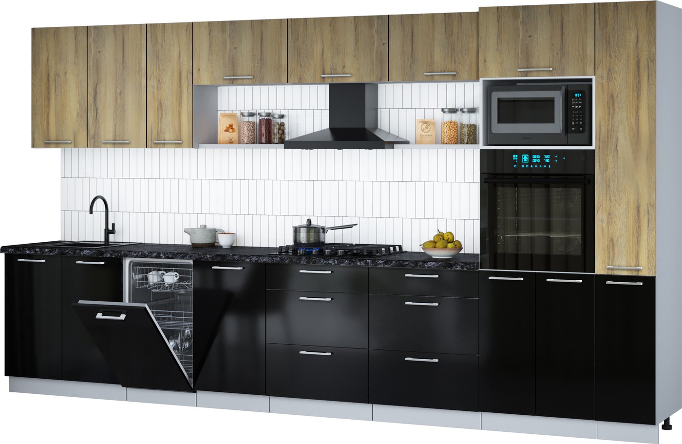 

Готовая кухня Интерлиния Мила Gloss 3.8-ПМ3 (черный глянец/дуб вотан/кастилло темный)