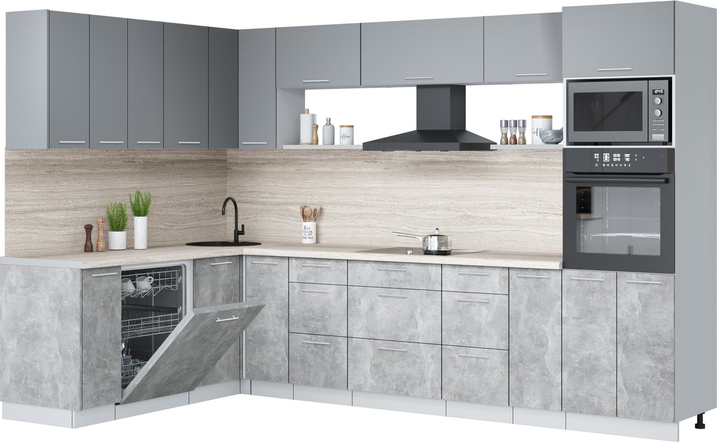 

Готовая кухня Интерлиния Мила Лайт 1.896х3.18 (серебро/бетон/травертин серый)