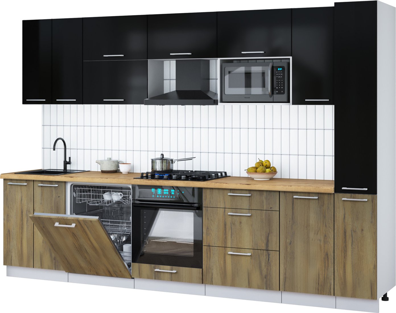 

Готовая кухня Интерлиния Мила Gloss 3.1-ПМ2 (дуб вотан/черный глянец/дуб бунратти)