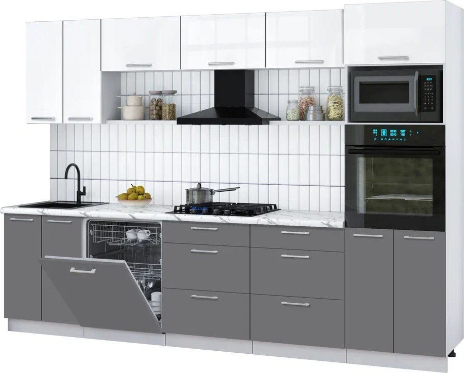 

Готовая кухня Интерлиния Мила Gloss 3.0-ПМ1 (серый/белый глянец/белый гранит)