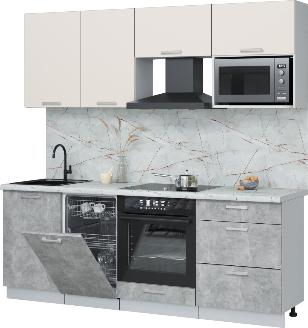 

Готовая кухня Интерлиния Мила Лайт 2.15-ПМ4 (персидский жемчуг/бетон/серый каспий)