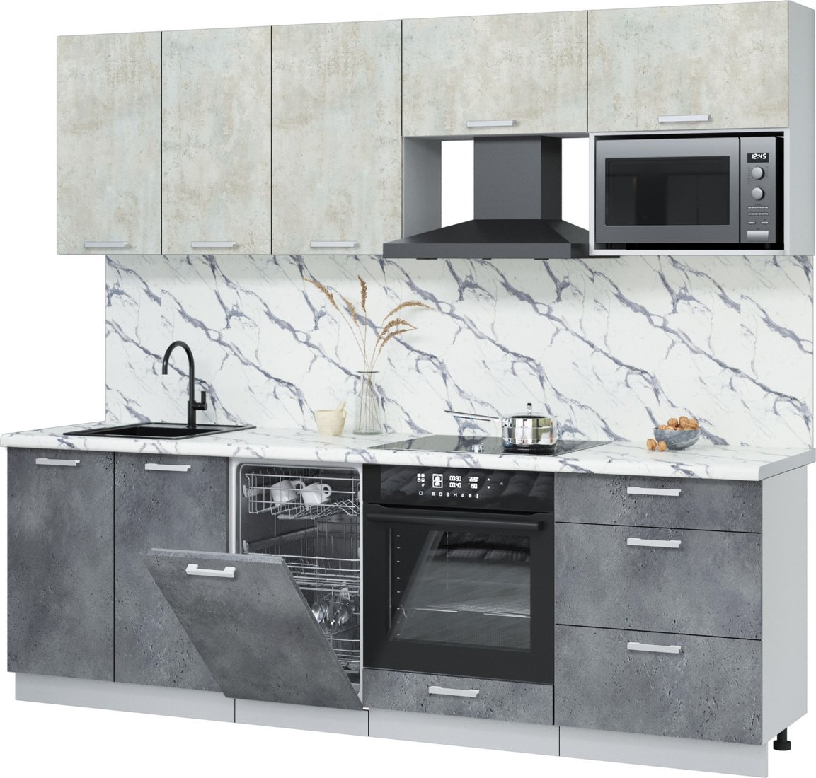 

Готовая кухня Интерлиния Мила Лайт 2.45-ПМ4 (бетон лайт/бетон портленд/белый гранит)