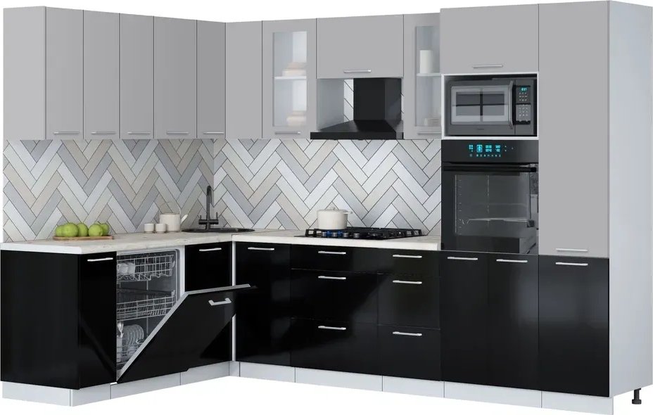 

Готовая кухня Интерлиния Мила Gloss 1.896х2.98 (черный глянец/грей/бискайская сосна)