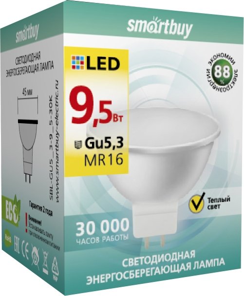 

Светодиодная лампочка SmartBuy MR16 GU5.3 9.5 Вт 3000 К [SBL-GU5_3-9_5-30K]