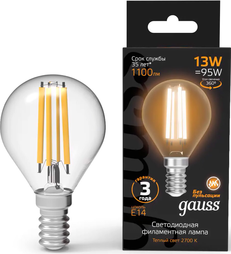 

Светодиодная лампочка Gauss Filament Шар 13W 1100lm 2700К Е14 LED 1/10/50 105801113