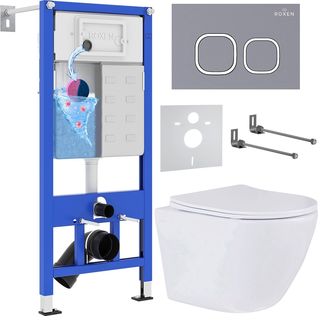 

Унитаз подвесной Roxen Antares 530185-01 в комплекте с инсталляцией StounFix Dual Fresh 6 в 1 966332 (кнопка: серый бетон)