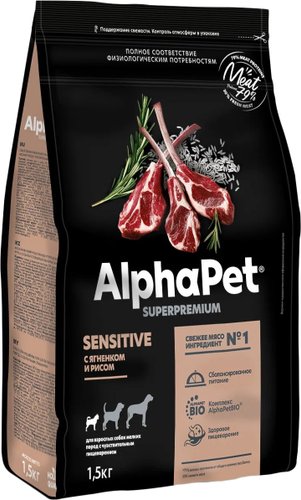 Сухой корм для собак AlphaPet Superpremium Sensitive с ягненком и рисом для мелких пород 1.5 кг