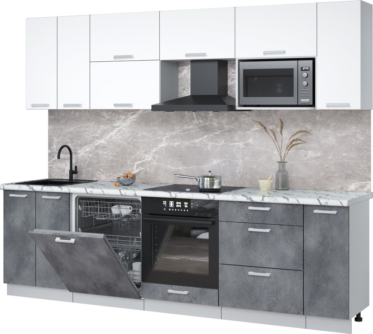 

Готовая кухня Интерлиния Мила Лайт 2.7-ПМ2 (белый платинум/бетон портленд/белый гранит)