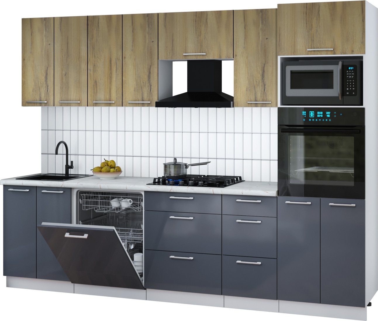 

Готовая кухня Интерлиния Мила Gloss 2.8-ПМ1 (асфальт глянец/дуб вотан/серый каспий)