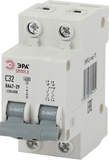 

Выключатель автоматический ЭРА Simple-Mod-15 ВА47-29 2P 32А 4.5кА C Б0039232