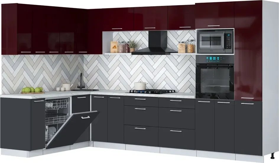 

Готовая кухня Интерлиния Мила Gloss 1.896х3.38 (пепел/бордовый глянец/серый каспий)