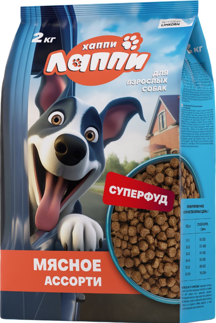 

Сухой корм для собак Хаппи Лаппи Мясное ассорти 2 кг
