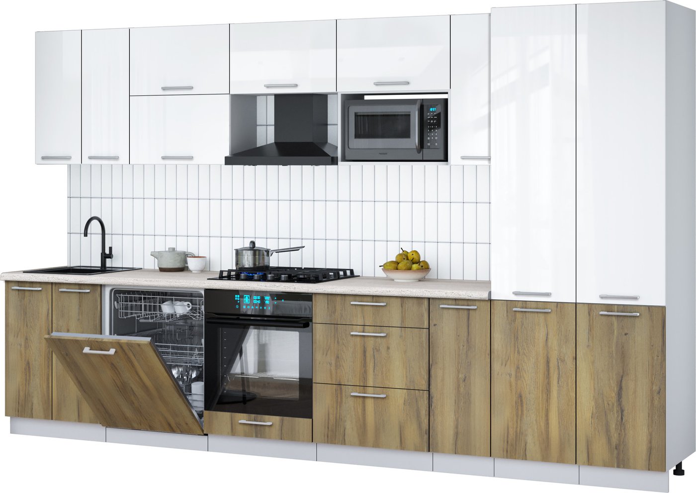 

Готовая кухня Интерлиния Мила Gloss 3.5-ПМ2 (дуб вотан/белый глянец/травертин серый)