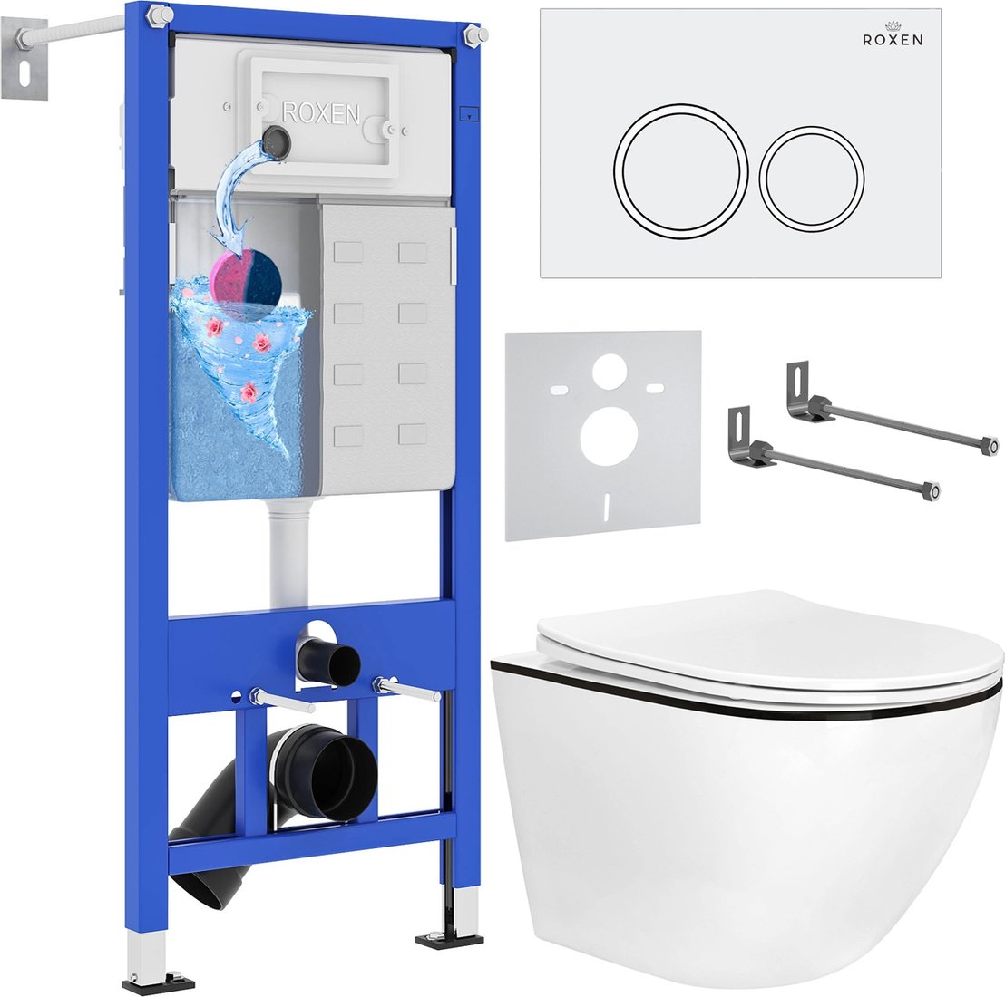 

Унитаз подвесной Roxen Antares Black в комплекте с инсталляцией StounFix Dual Fresh 6 в 1 964631 (кнопка: белый глянец)