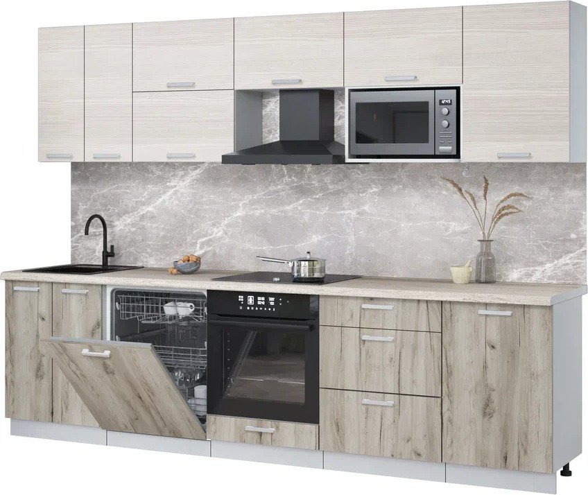 

Готовая кухня Интерлиния Мила Лайт 2.9-ПМ2 (вудлайн кремовый/дуб серый/травертин серый)